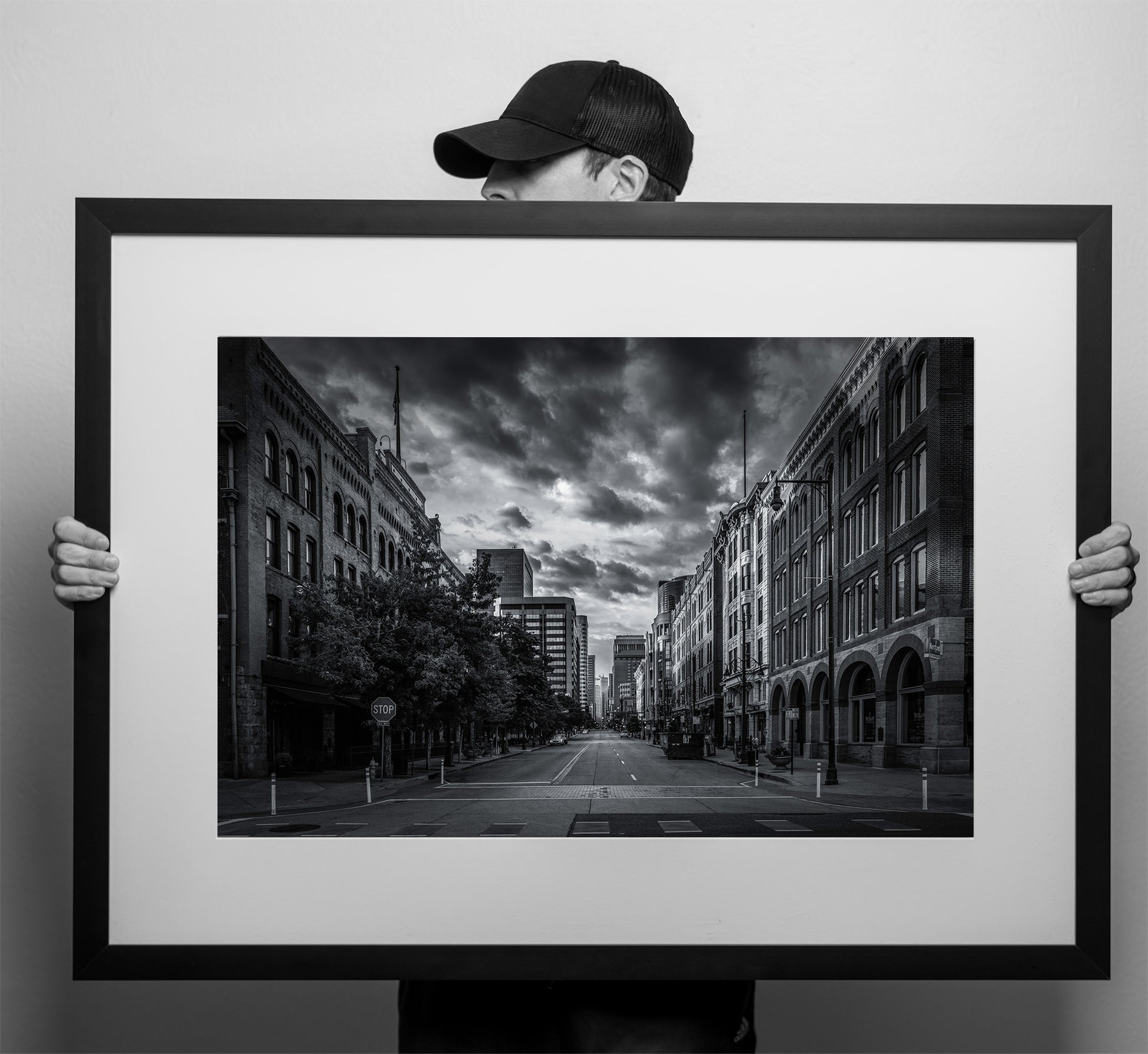 Black and White Sunrise From 17th Street in Denver, Colorado Mockup - Limited Edition Fine Art Print by Alber Photography