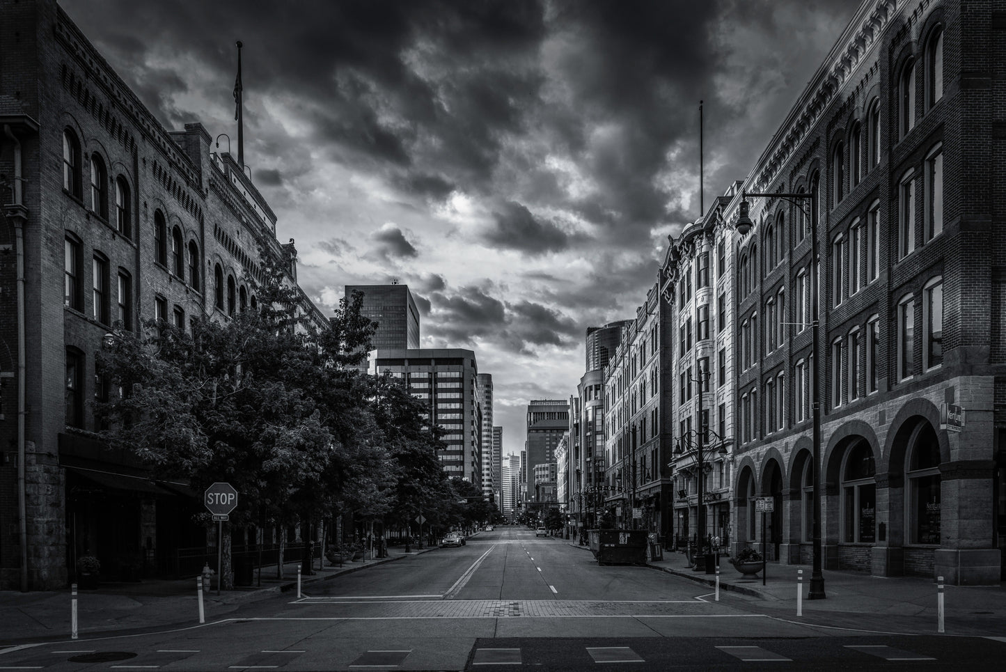 Black and White Sunrise From 17th Street in Denver, Colorado - Limited Edition Fine Art Print by Alber Photography